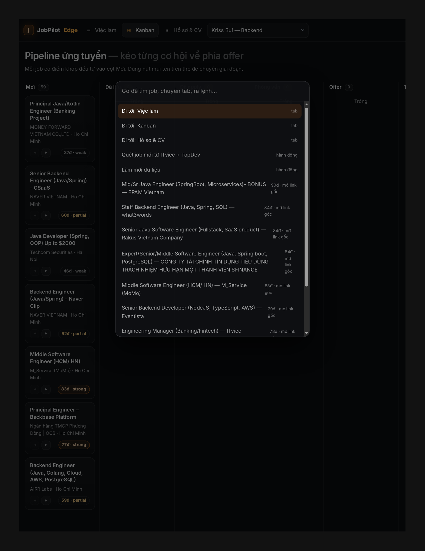 Command palette của JobPilot