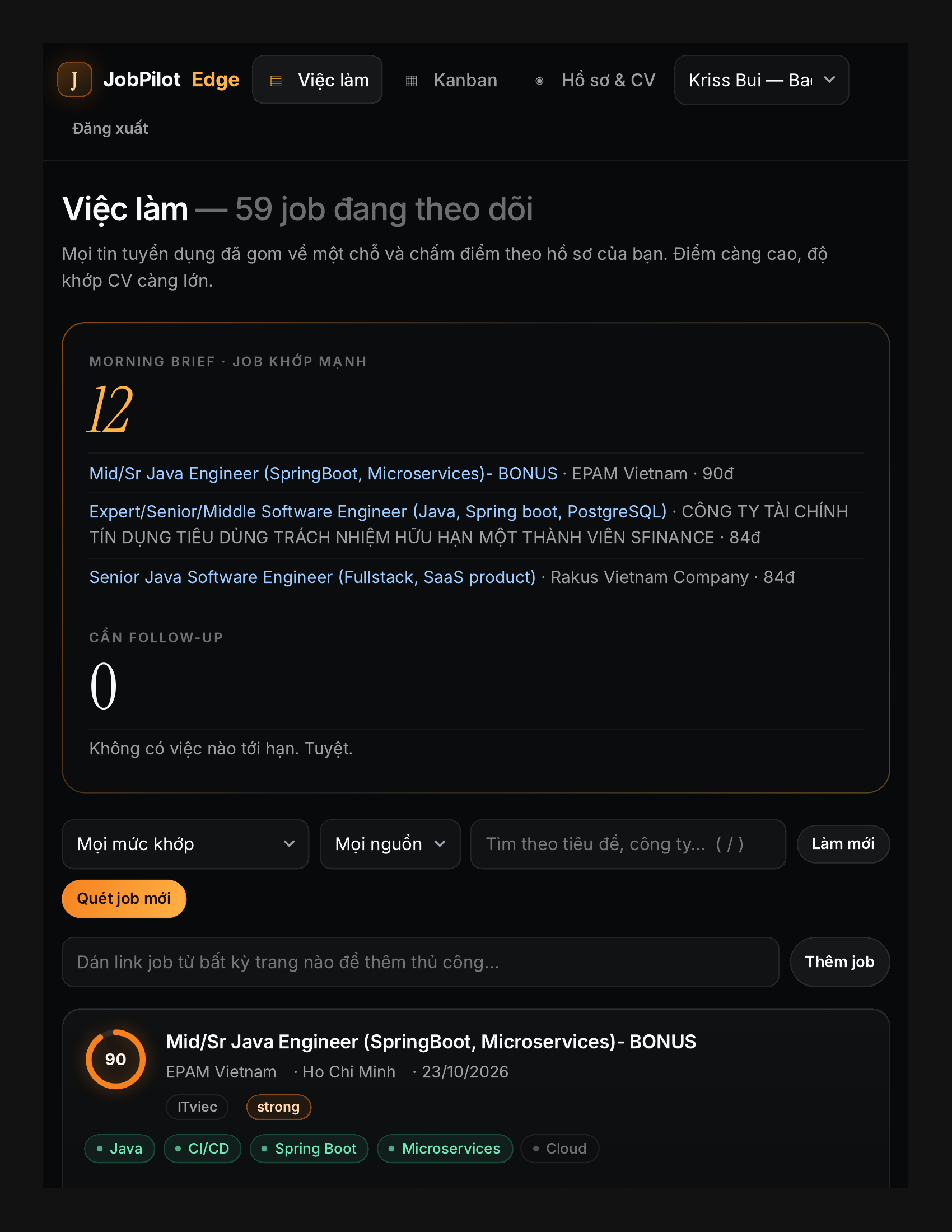 JobPilot Edge — danh sách job kèm điểm khớp và Morning brief